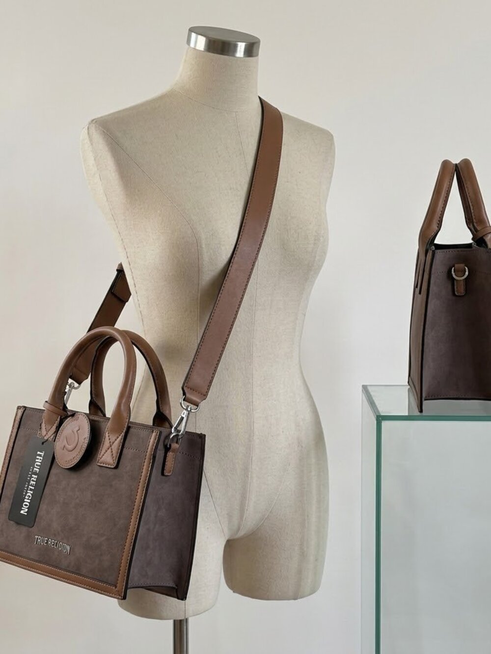 True religion Suede PU Box Tote in Brown, Contrasting Tan Trim Circular logo